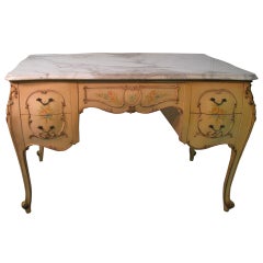 Louis XV Bombe Form Hand-Carved Paint Decorated Marble-Top Desk with Chair