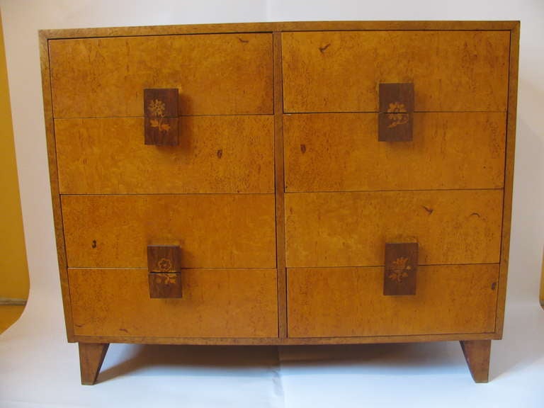 Mid-20th Century Pair Of Mid Century Burled Olive Wood Matching Chests With Inlay