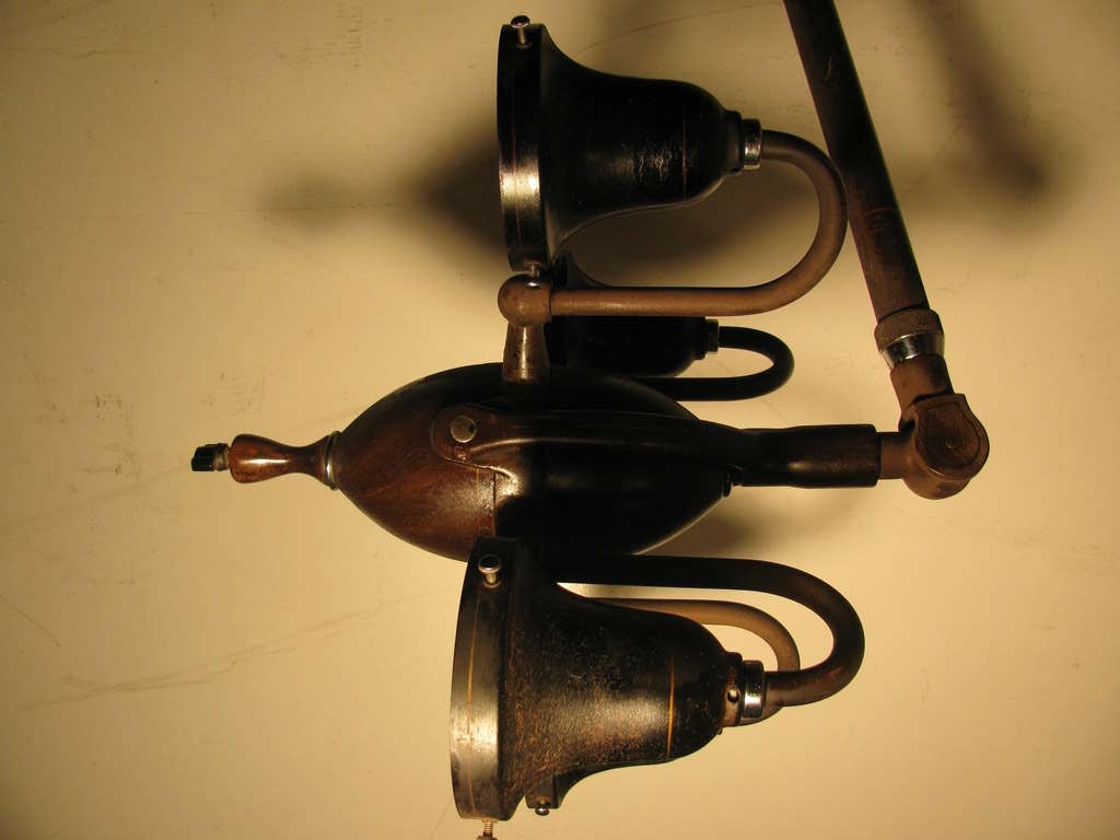 20th Century Rare Early Industrial Dental Lighting Fixture With Holophane Shades