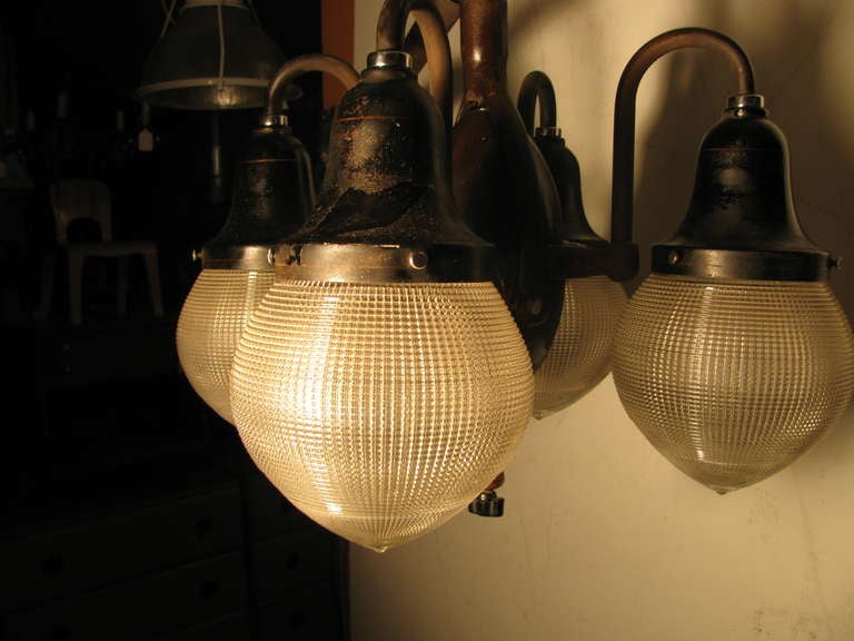 Rare Early Industrial Dental Lighting Fixture With Holophane Shades 2