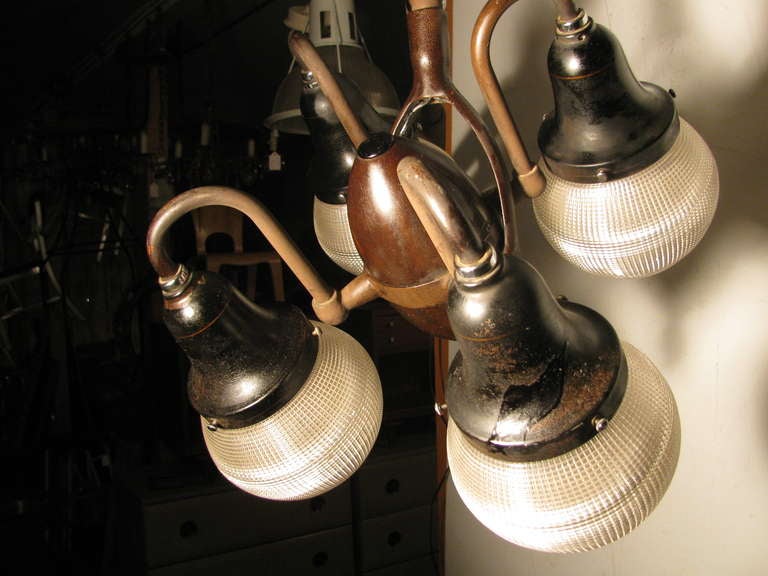 American Rare Early Industrial Dental Lighting Fixture With Holophane Shades