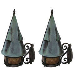Antique Pair Of  Arts & Crafts Copper Lanterns With Mica Shades