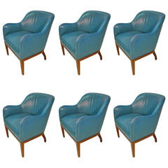 Set Of Six Leather Dining / Conference Chairs In Blue