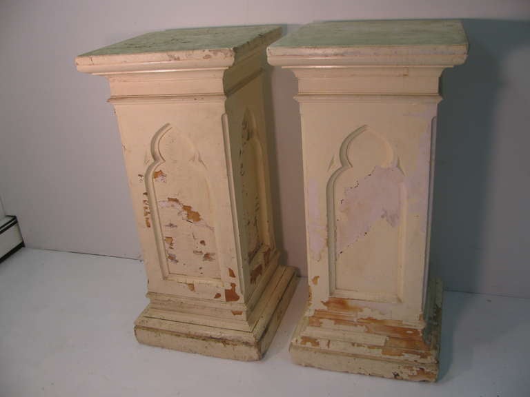 Fantastic Pair Of Plaster Pedestals Believed To Be From A 19th Century Church In The Hudson Valley. Thick Plaster Walls With Gothic Arches Cast On All Sides. Large Platform With Crown Mouldings, To Go With Base Plinth Moulding.                      