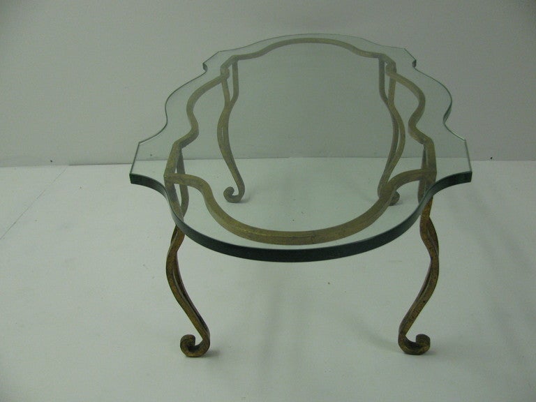 Glass French Gilt Iron Serpentine Cocktail Coffee Table