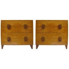 Pair Of Mid Century Burled Olive Wood Matching Chests With Inlay