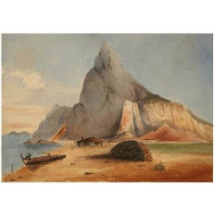 Antique Watercolour -The Rock of Gibraltar from the North Front by HS Bush. Ju