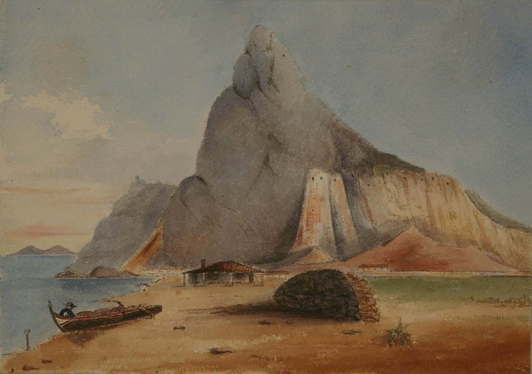 Antique Watercolour -The Rock of Gibraltar from the North Front by HS Bush. Ju