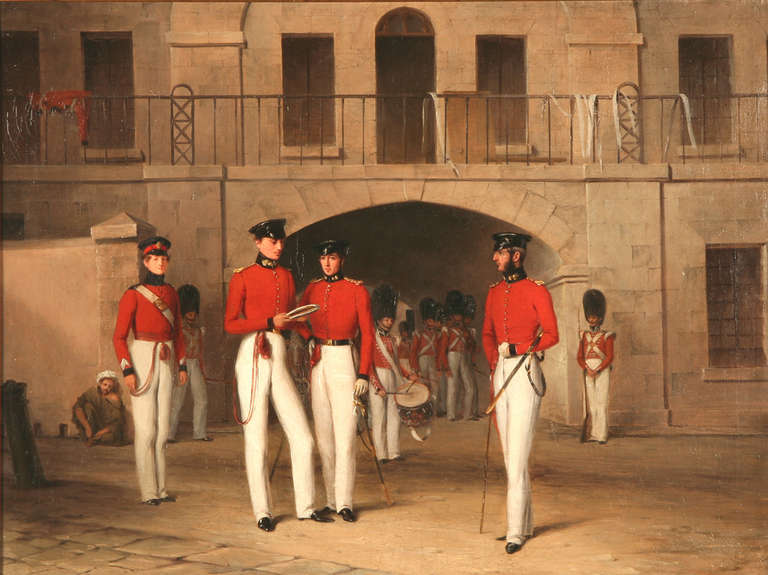 Painted in oils on canvas, this picture of officers of the 7th Royal Fusiliers stands out for both the fact that it is a triple portrait and for the location. A paper label to the back gives the subjects as Captain Sir William O'Malley, Hon. Ivor