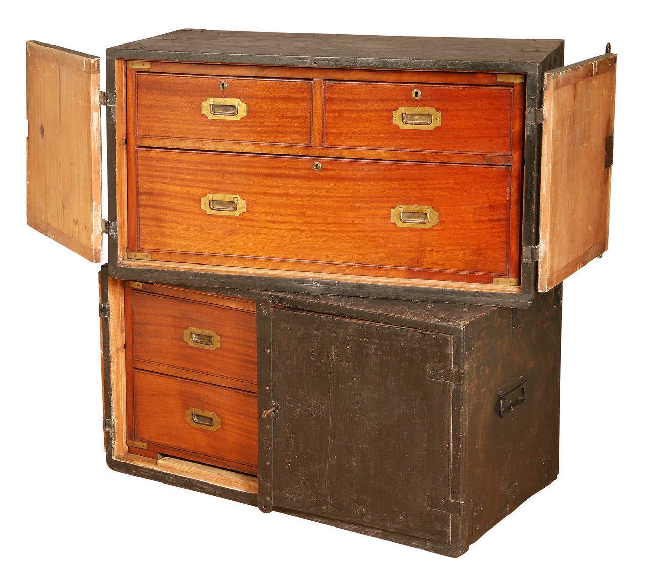 For travel, the feet would be removed and each section of this mahogany Campaign Chest would be fitted into one of its two packing cases. It is uncommon for campaign chests to retain their packing cases as they were often broken up or put to other