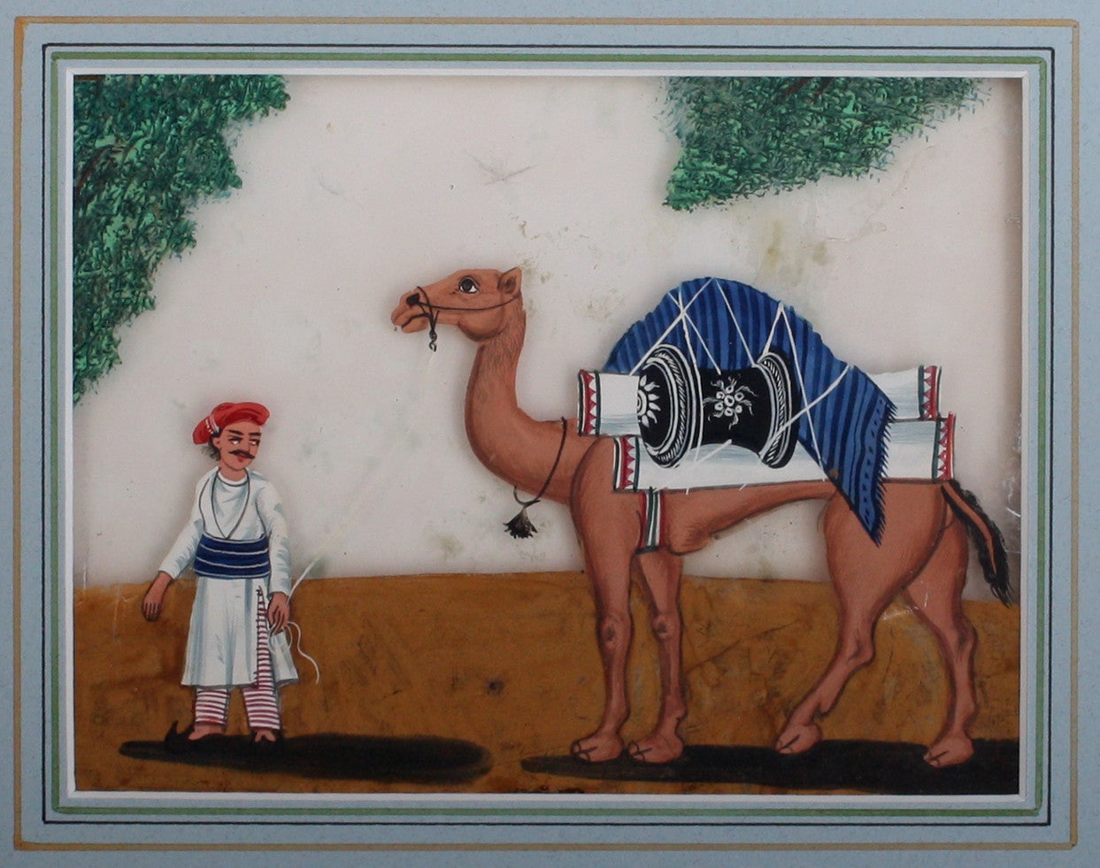 This set of 4 Company School gouache on mica paintings are from a series produced to illustrate the different forms of travel in India. Two of the pictures each show a camel loaded with equipment to make a camp. The other two each show an elephant