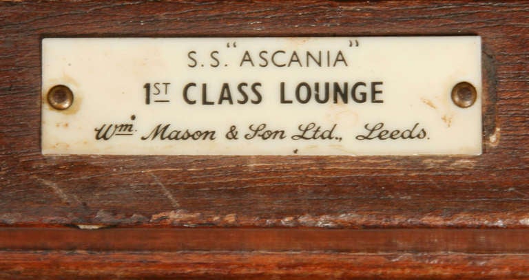 The art deco design of this mahogany veneered ship’s desk epitomises the period of ocean liners at their peak. It has a label to the underside of the front that notes SS Ascania, 1st Class Lounge and gives the maker’s details of Wm Masons & Son Ltd.