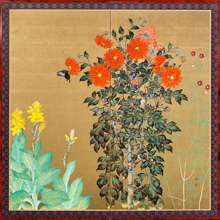 Pair of paintings on silk in mineral pigments, gofun or powdered clam shell, and sumi ink mounted as byobu or folding screens in two panels, depicting a garden from late early spring through late summer of flowers and butterflies against a gold