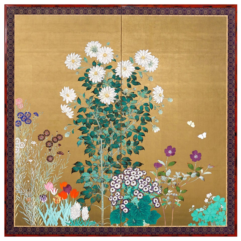 Spring and Summer Flower Screens by Hirotani Suiseki For Sale