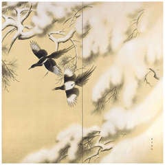 Kodama Kibo Pair of Screen Paintings of Magpies & Snow