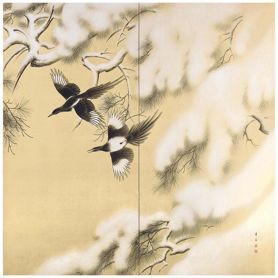 Kodama Kibo Pair of Screen Paintings of Magpies & Snow For Sale