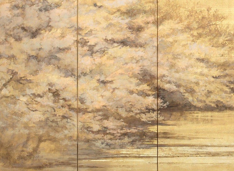 20th Century Sugawara Sachiyo Screen Painting of the Moon & Flowering Cherry For Sale