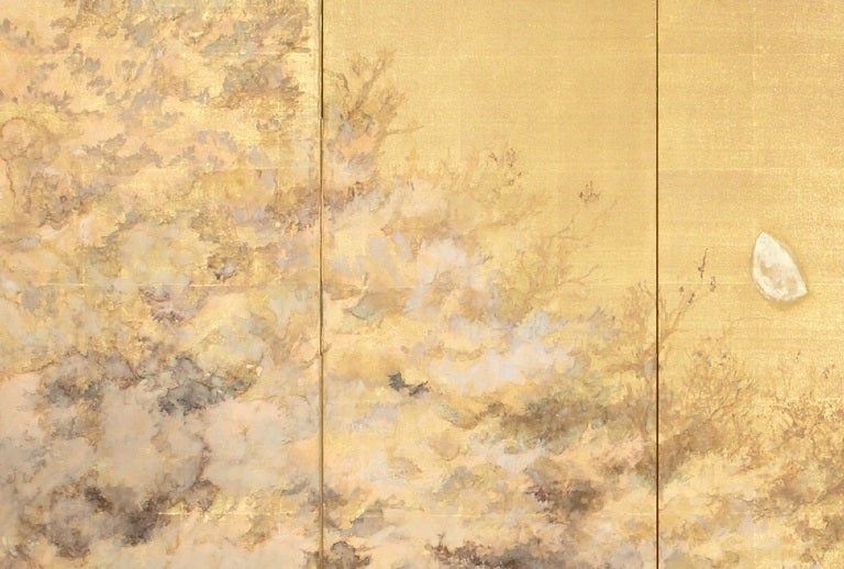 Byobu or folding screen in six panels mounted with a painting on gold-covered silk in mineral pigments, sumi ink and gofun or clam shell gesso, depicting a fishing boat adrift in a small pond enclosed by clouds of flowering cherry under a gibbous