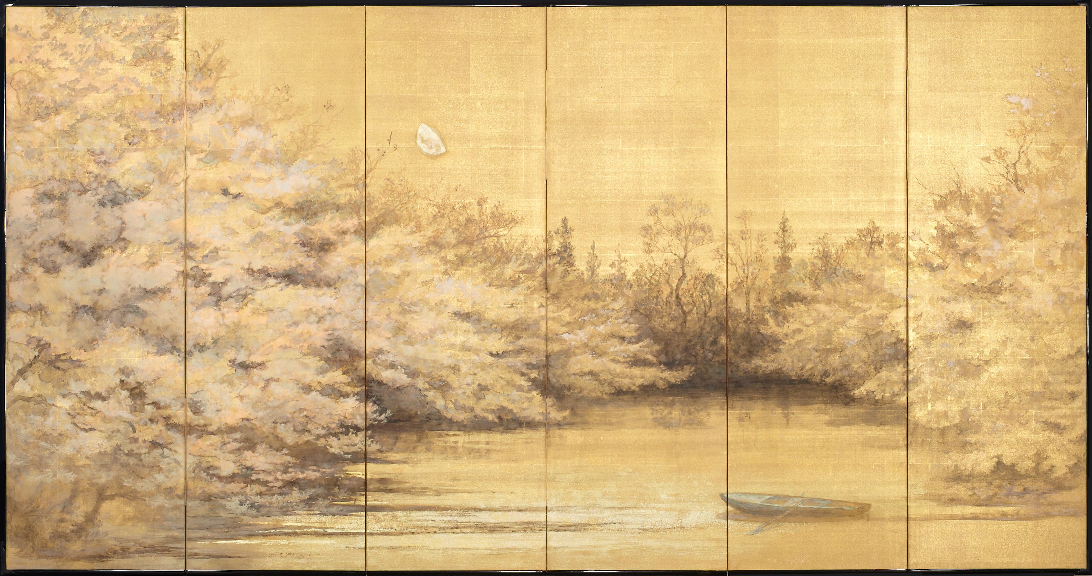 Sugawara Sachiyo Screen Painting of the Moon & Flowering Cherry For Sale