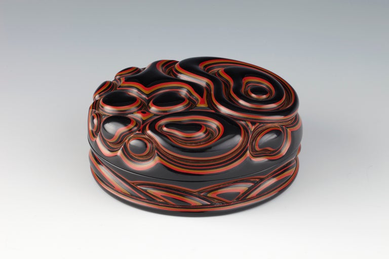 Tsuishu Yozei XX Carved Lacquer Incense Box of Abstract Rocks & Waves In Excellent Condition For Sale In Orcas, WA