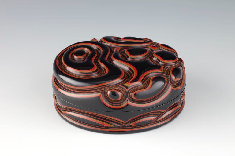 Tsuishu Yozei XX Carved Lacquer Incense Box of Abstract Rocks & Waves For Sale 1