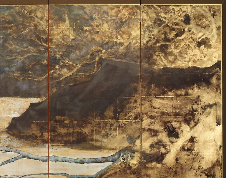 Japanese Sugawara Sachiyo Screen Painting of a River in Winter For Sale