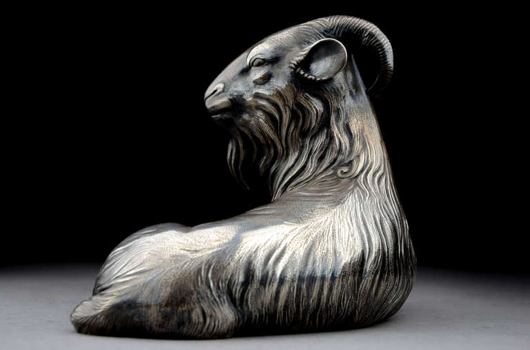 Japanese Carved Solid Silver Sculpture of a Goat by Unno Bisei For Sale
