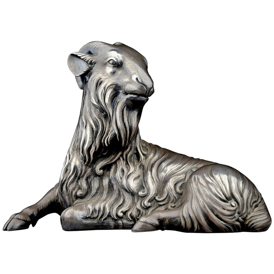 Carved Solid Silver Sculpture of a Goat by Unno Bisei For Sale