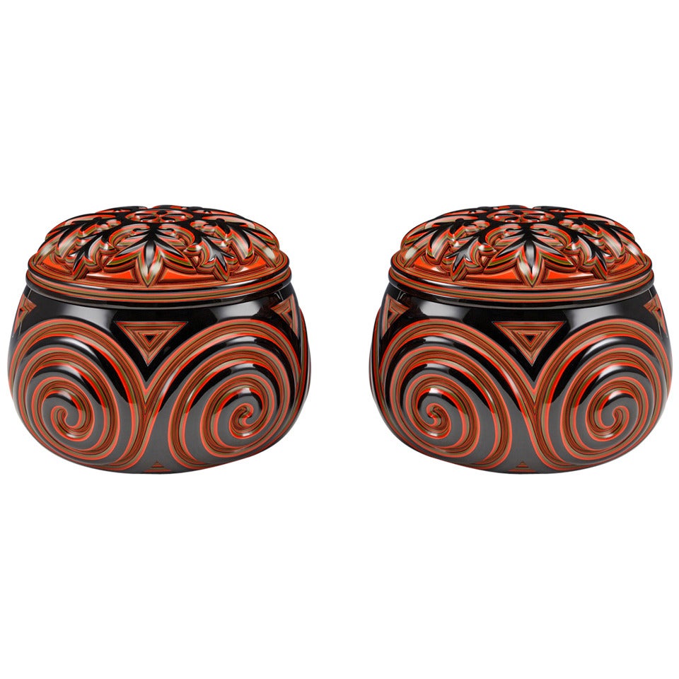 Pair of Carved Lacquer Boxes by Tsuishu Yozei XX For Sale