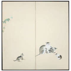 Neagiri Tomiji Screen Painting of a Mother Cat & Kittens