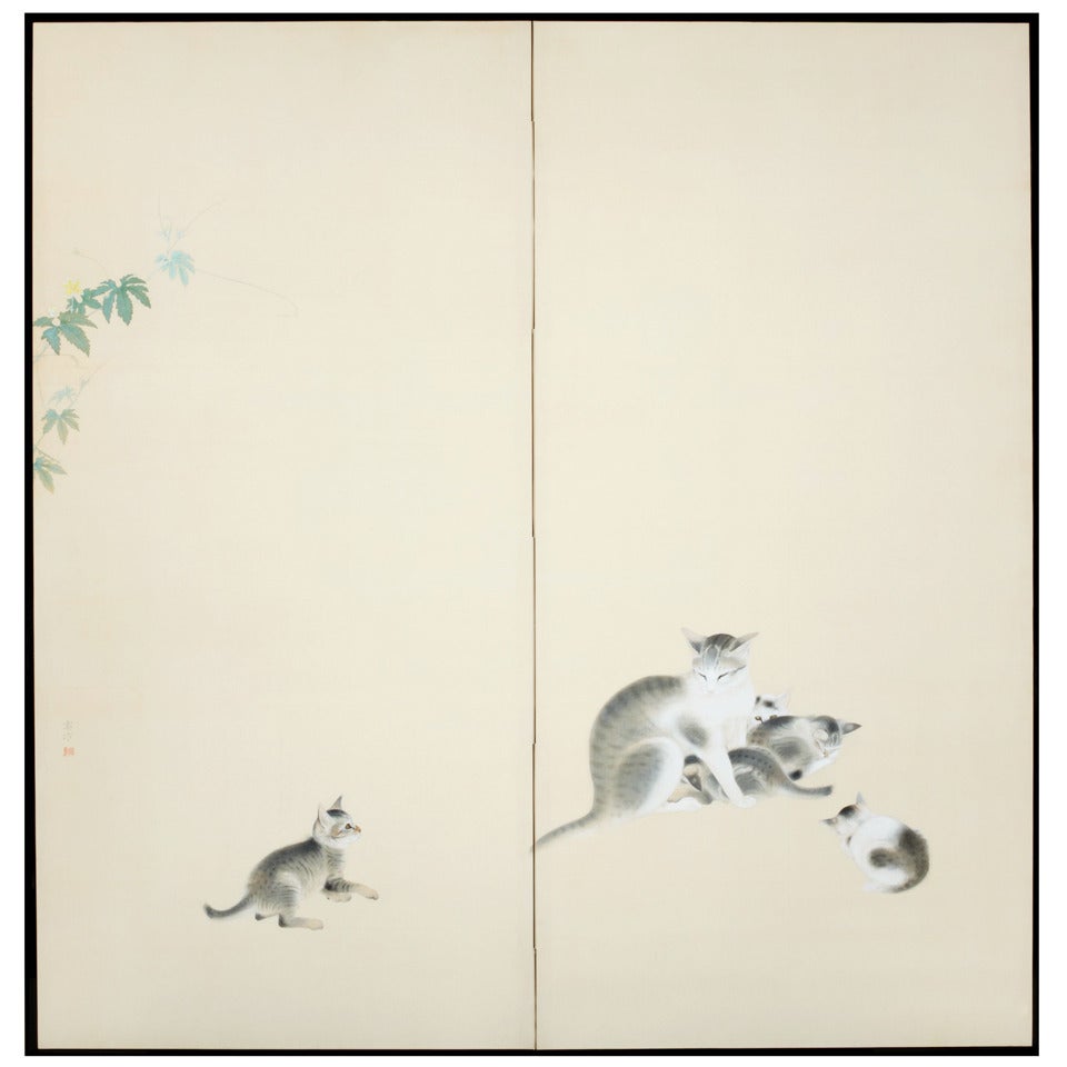 Neagiri Tomiji Screen Painting of a Mother Cat & Kittens For Sale