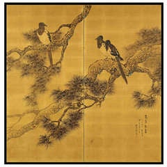 Matsubayashi Keigetsu Pair of 1918 Screen Paintings of Magpies