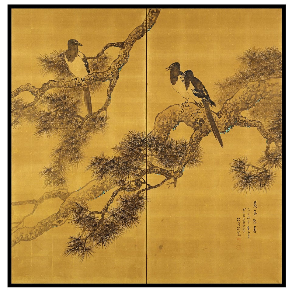 Matsubayashi Keigetsu Pair of 1918 Screen Paintings of Magpies For Sale
