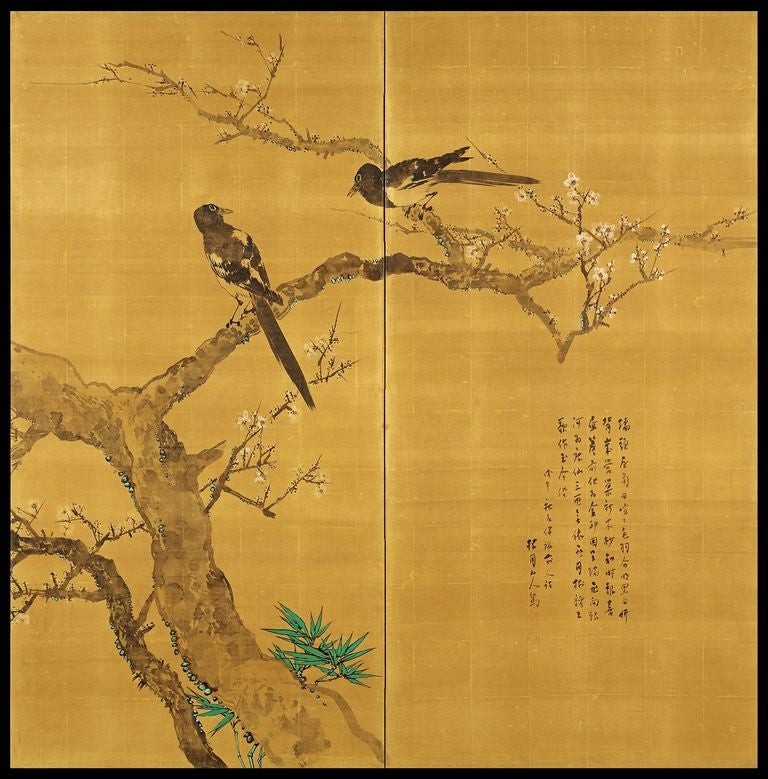 Pair of byobu or folding screens in two panels, each mounted with paintings on gold foil-covered silk in sumi ink, mineral pigments, and gofun or clam shell gesso with a scene of magpies in a flowering plum on the right, conversing with others in a