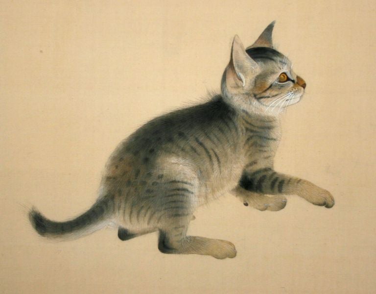 Taisho Neagiri Tomiji Screen Painting of a Mother Cat & Kittens For Sale