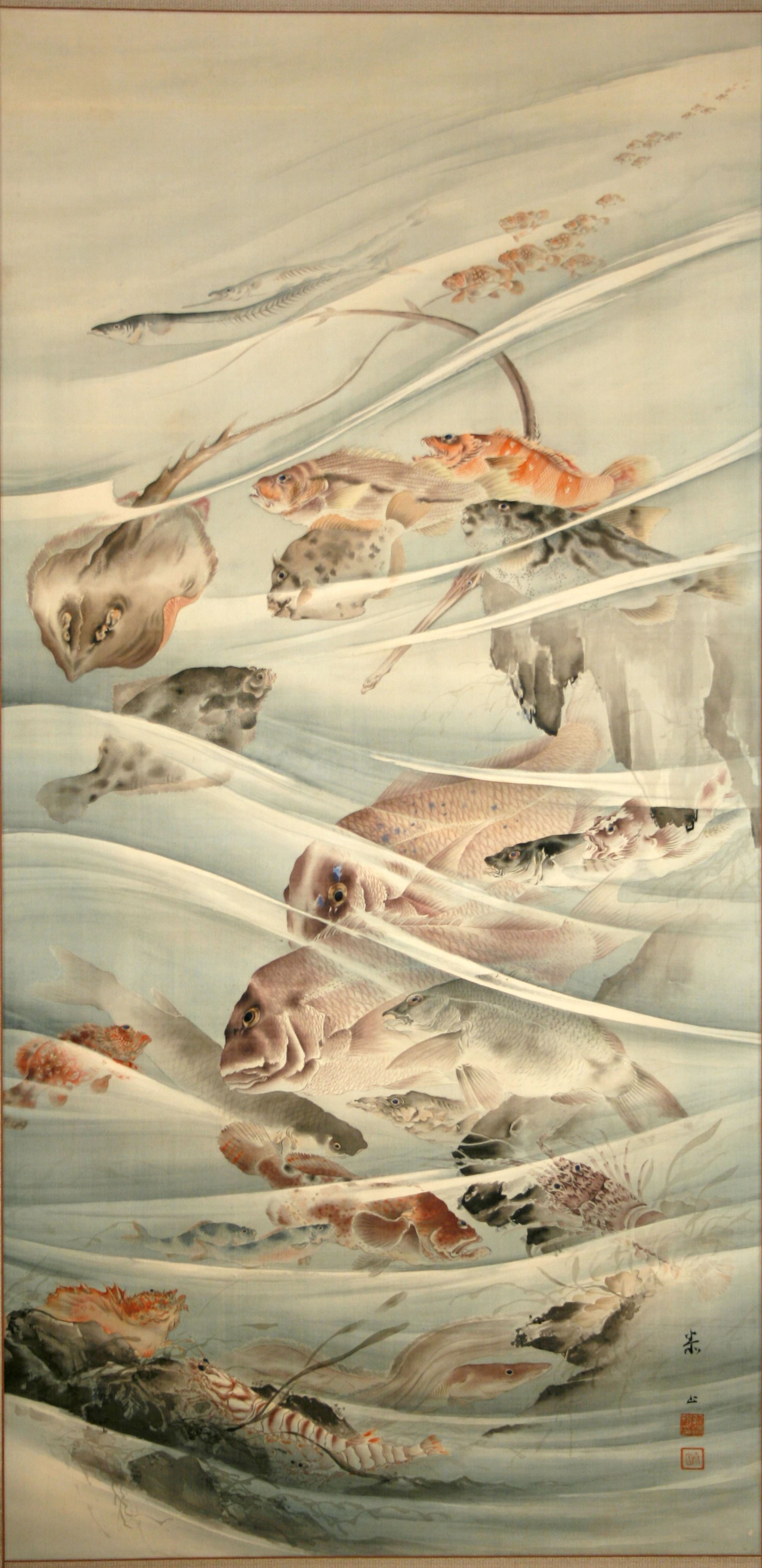 Shibata Taizan 19th century Sea Life Scroll Painting For Sale