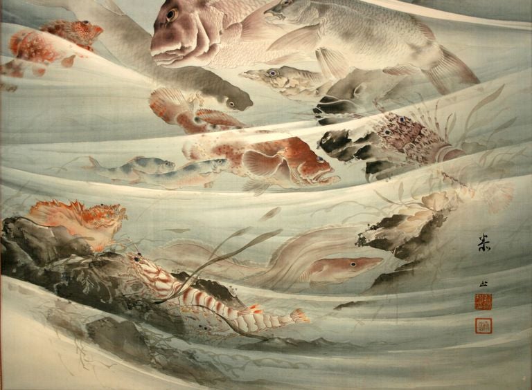 Painting on silk in mineral pigments, gofun or powdered clam shell, and sumi ink mounted as a hanging scroll, depicting various sea life swimming through currents above a rocky ocean floor. Signed on the lower left by the artist: Taizan, and sealed