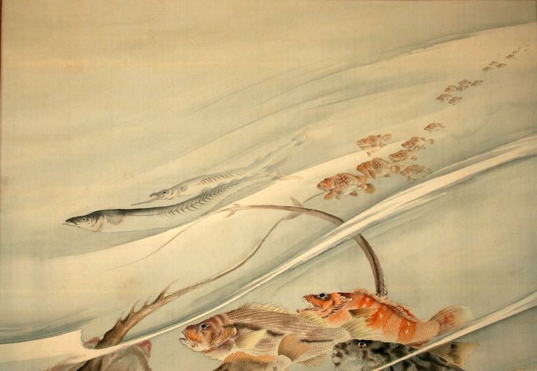 19th Century Shibata Taizan 19th century Sea Life Scroll Painting For Sale