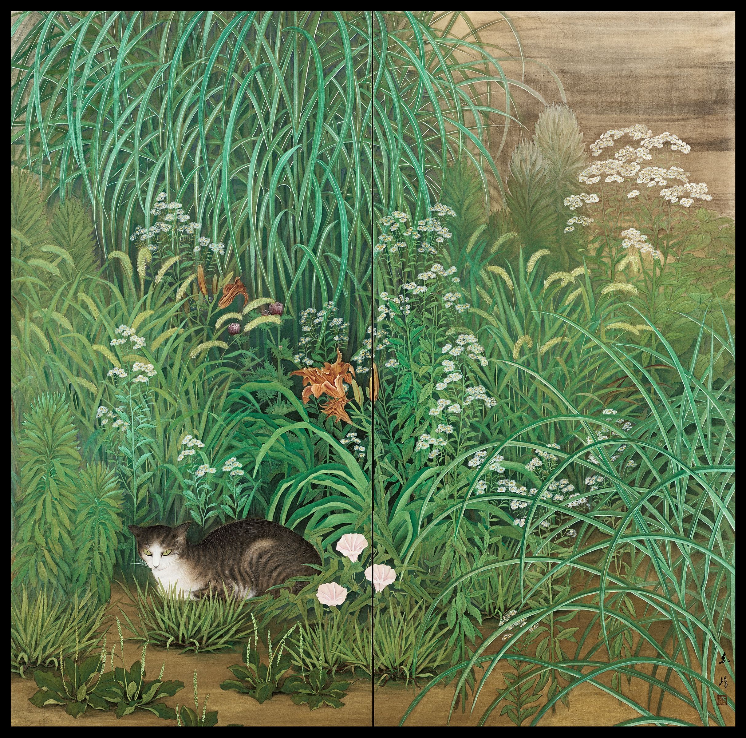 Kagayama Hakuho Screen Painting of Cat in Summer Garden For Sale