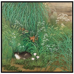 Kagayama Hakuho Screen Painting of Cat in Summer Garden