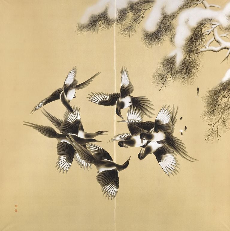 Pair of byobu or folding screens in two panels, painted on gold washed paper in gofun or powdered clam shell and sumi ink with a winter scene of magpies under snow-covered pines. Signed on the lower right side of the right-hand screen by the artist:
