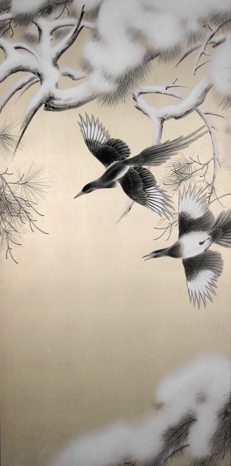 Japanese Kodama Kibo Pair of Screen Paintings of Magpies & Snow For Sale