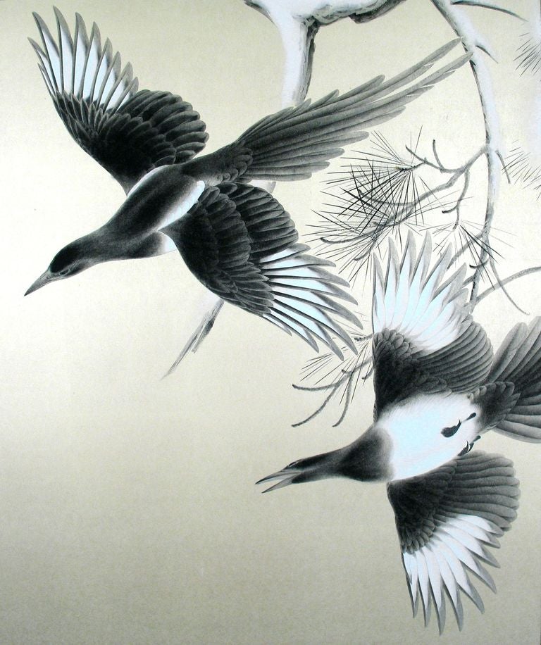 Kodama Kibo Pair of Screen Paintings of Magpies & Snow For Sale 1