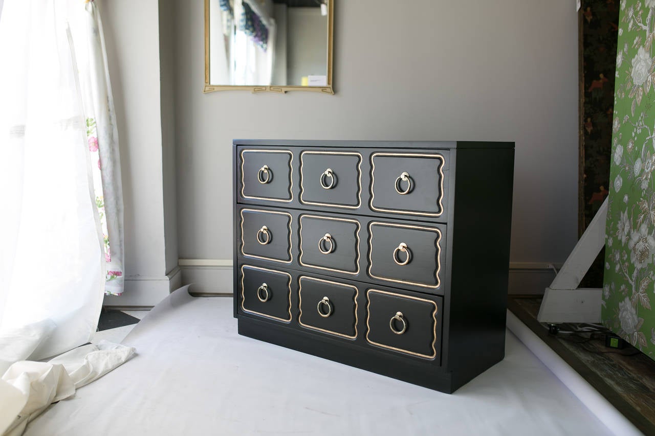 Commercial version of the Espana chest designed by Dorothy Draper and used at the Fairmont Hotel in San Francisco. The chest features 3 drawers. The finish is original but has been refreshed. Brass hardware is also original. The chest hails from