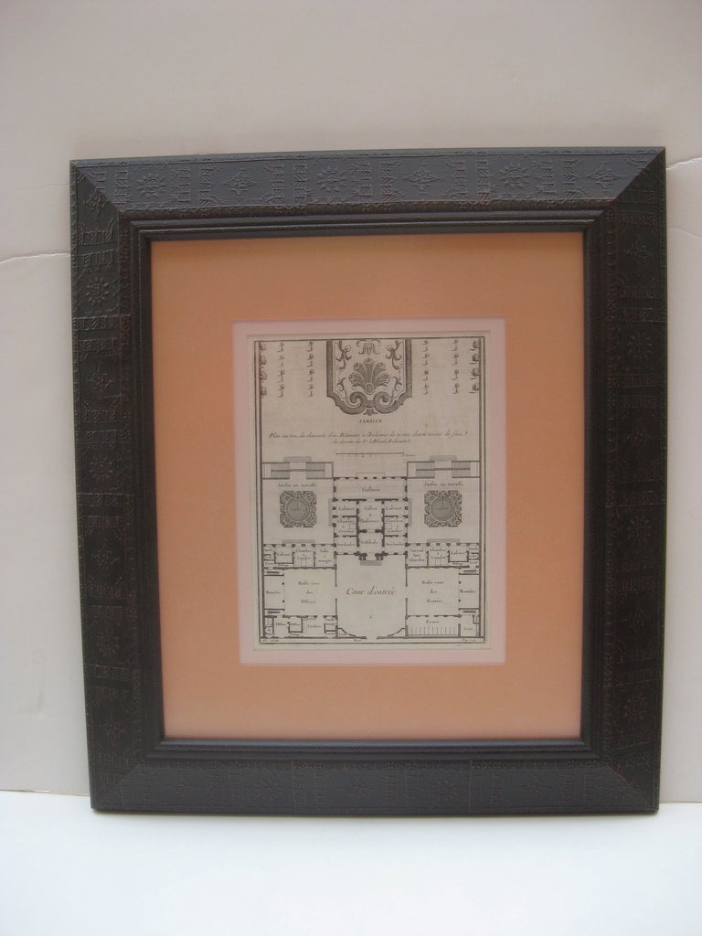 Pair of 18th century French garden plan copper plate engravings on paper. Newly framed with archival matting in pale pink and coral.