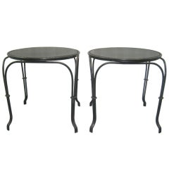 Pair of Round Black Metal Vintage Garden Side Tables with Perforated Metal Tops