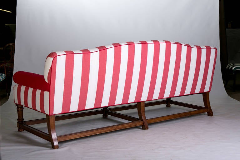 English Camelback Sofa with Wood Base and Striped Upholstery 2