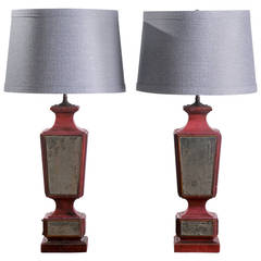 Pair of Mirrored, Red Wood Table Lamps