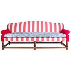 English Camelback Sofa with Wood Base and Striped Upholstery