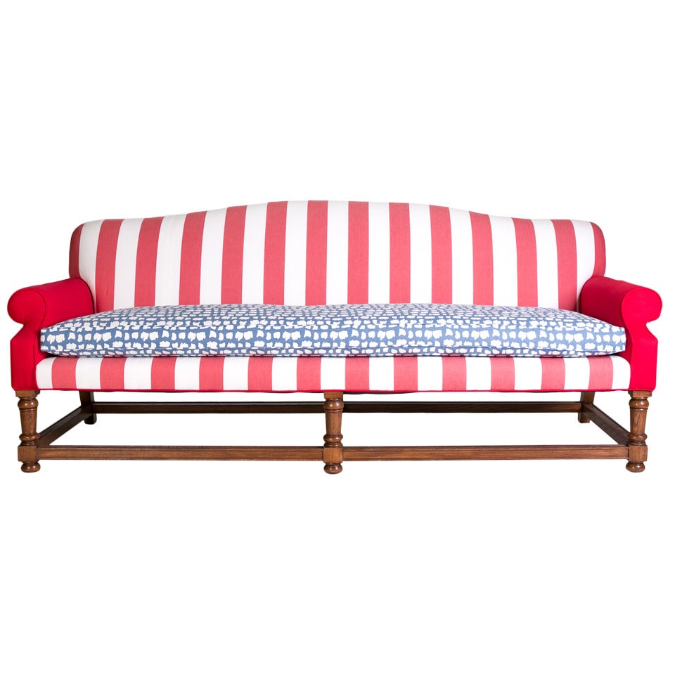 English Camelback Sofa with Wood Base and Striped Upholstery